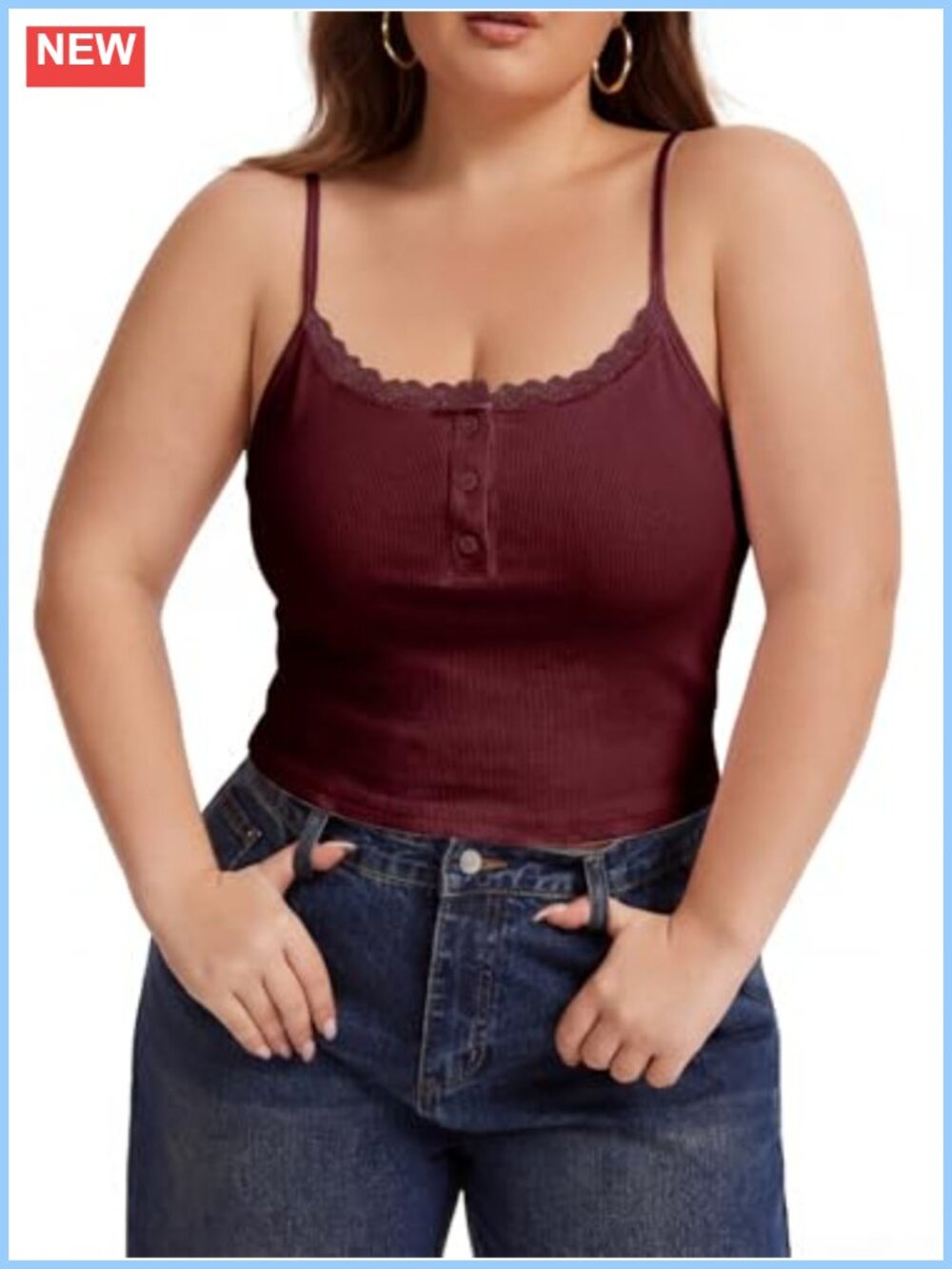 Plus Size Ribbed Tank Top Adjustable Spaghetti Strap Button Camisole Crop Top
